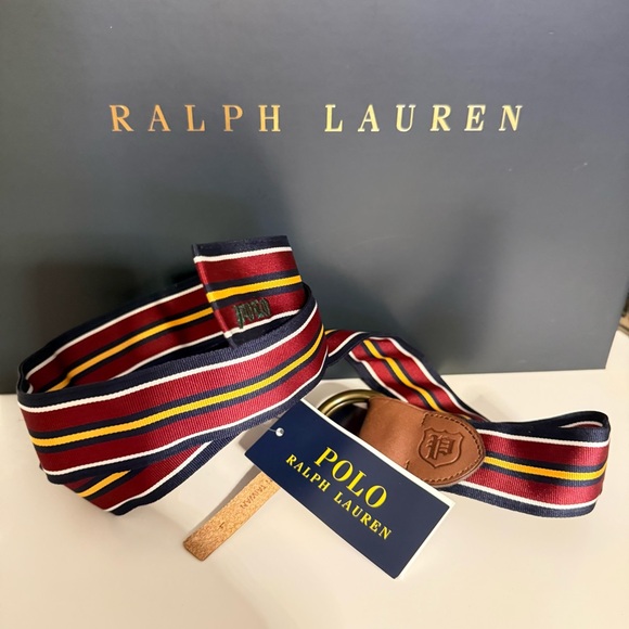 Polo Ralph Lauren Other - Polo Ralph Lauren Unisex Striped Canvas Belt Size L Red Navy Yellow Leather NWT
